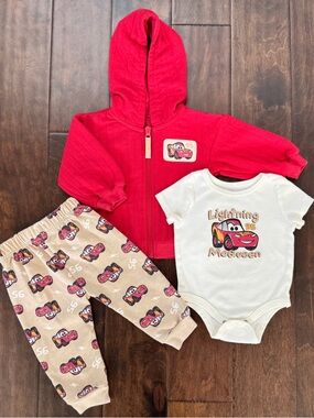 DISNEY | Baby Boy Red Hoodie & Cream Lightning McQueen Bodysuit Set - 6-9 months